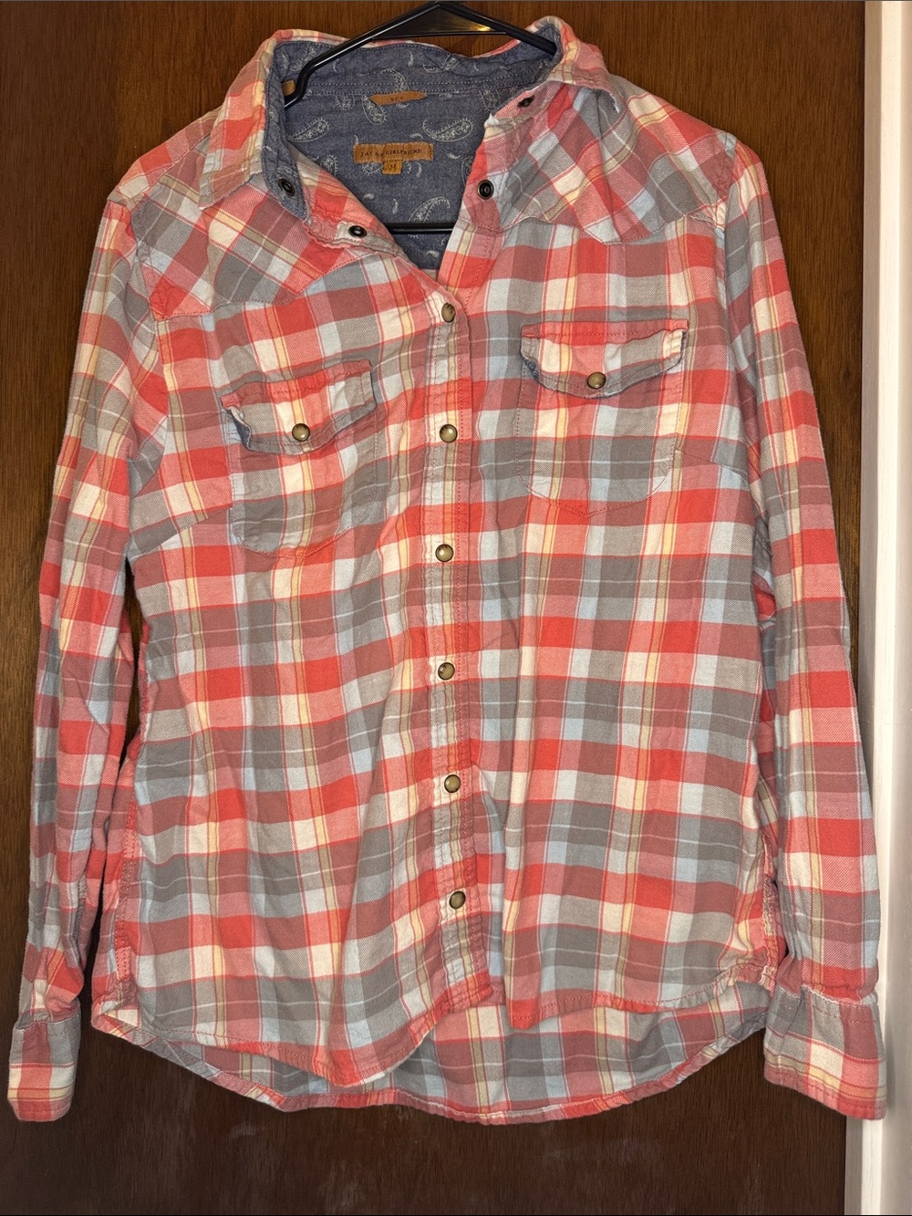 JACHS Girlfriend Coral and Gray Plaid Button-Down Shirt